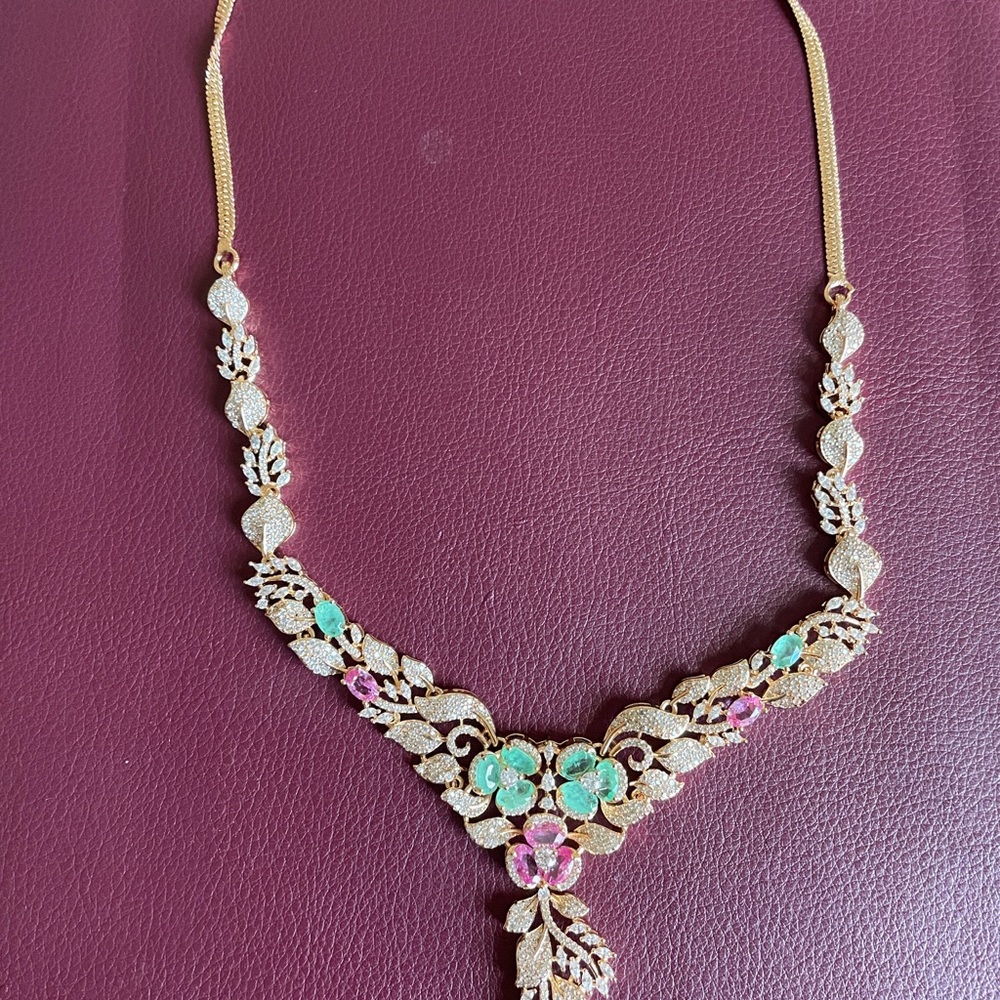 Gold Tone Floral Necklace with Green and Pink Stones